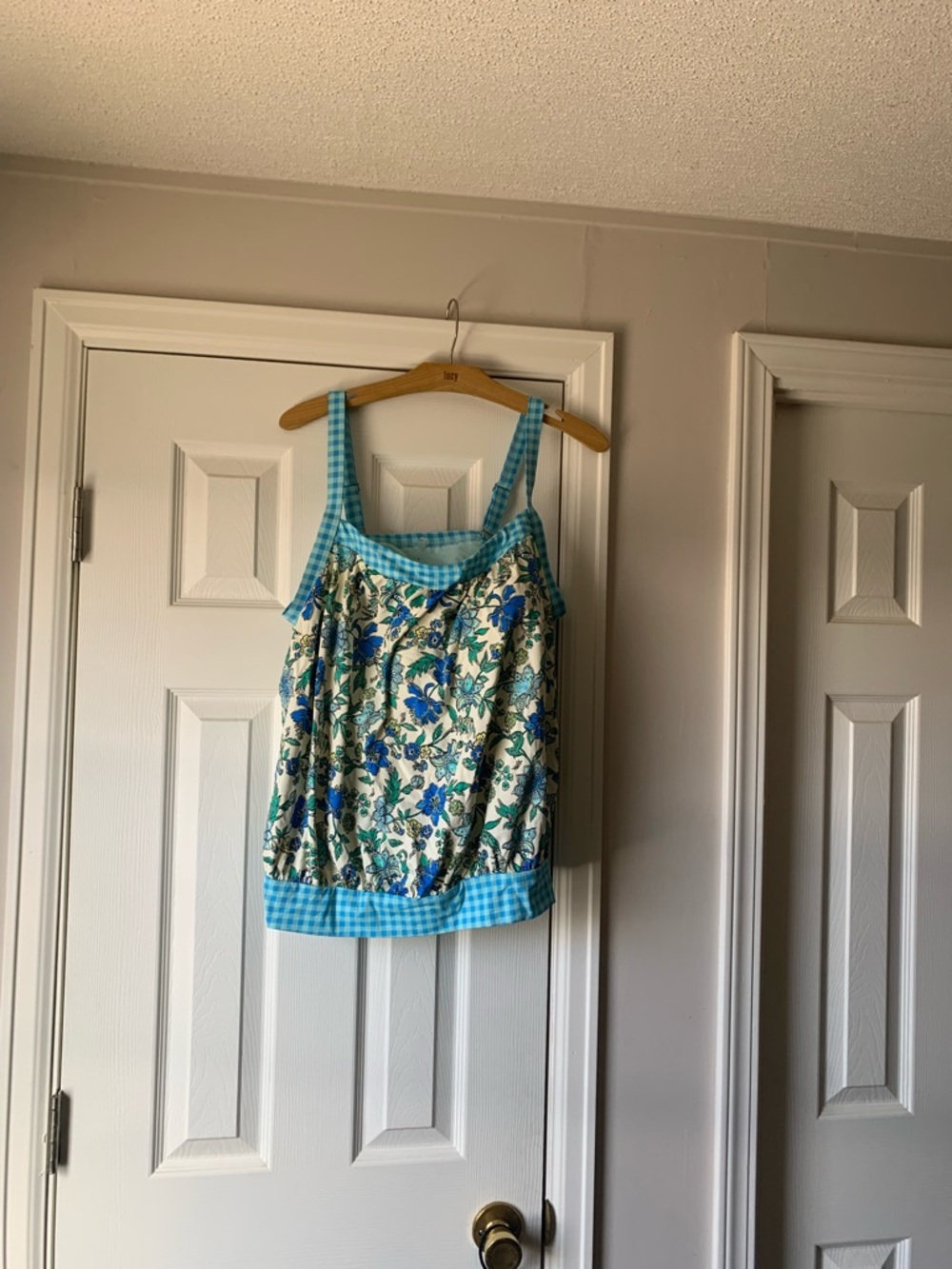 Lands' End Blue Floral Camisole with Aqua Gingham Trim